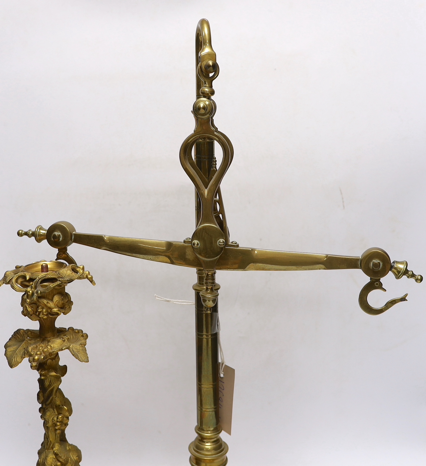 Set of vintage brass scales and a gilt metal grapevine column centrepiece